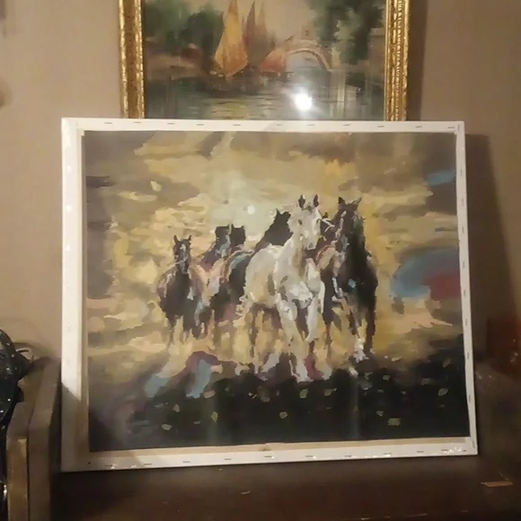 Hand Painted Running Horses On Canvas No Frame - 16"X20" - Picture 1 of 4
